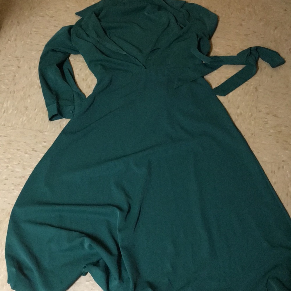 Full length long sleeve button up neck dress with attached belt .